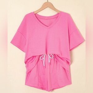 Bright Pink V-Neck Drawstring Lounge Set